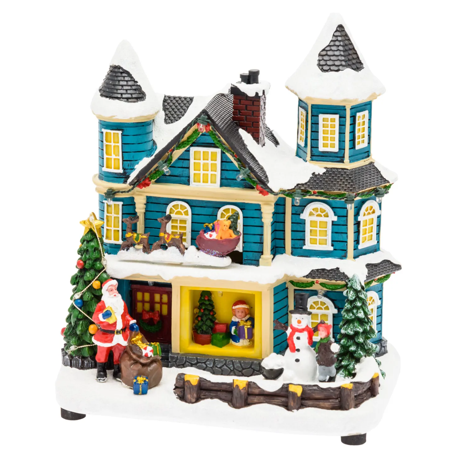 Villaggio di Natale, Casa con scena natalizia, Slitta in movimento e Albero di Natale RGB, h 23 cm, musiche natalizie