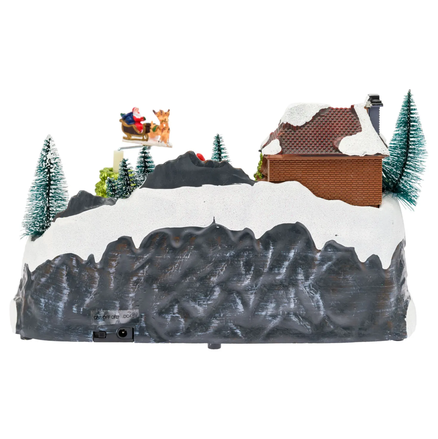 Villaggio di Natale con Paesaggio Innevato, Trenino e Babbo su Slitta rotanti, Ruscello fibre ottiche, h 18 cm, musiche natalizie