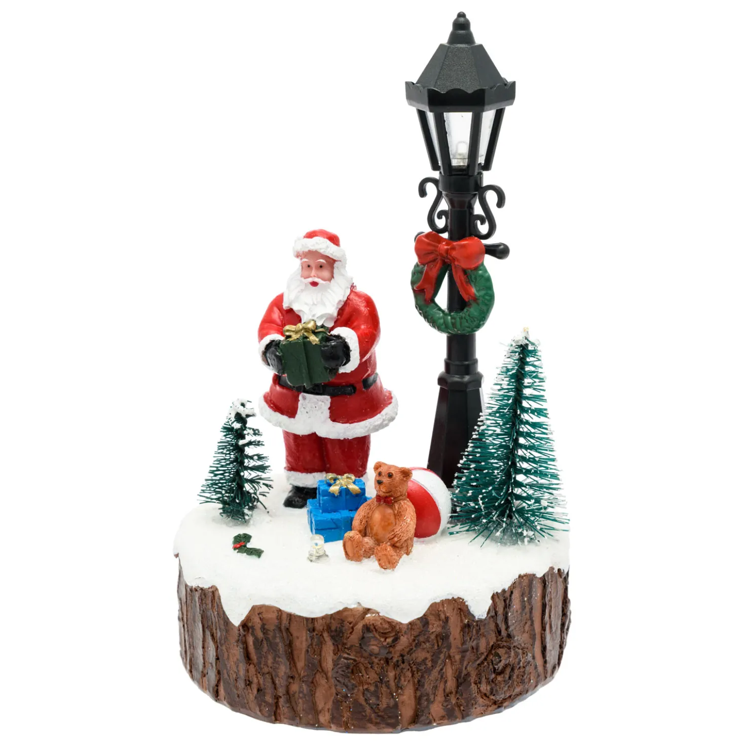 Villaggio di Natale in Poliresina con Babbo, Lampione e Albero, h 15 cm, led multicolor