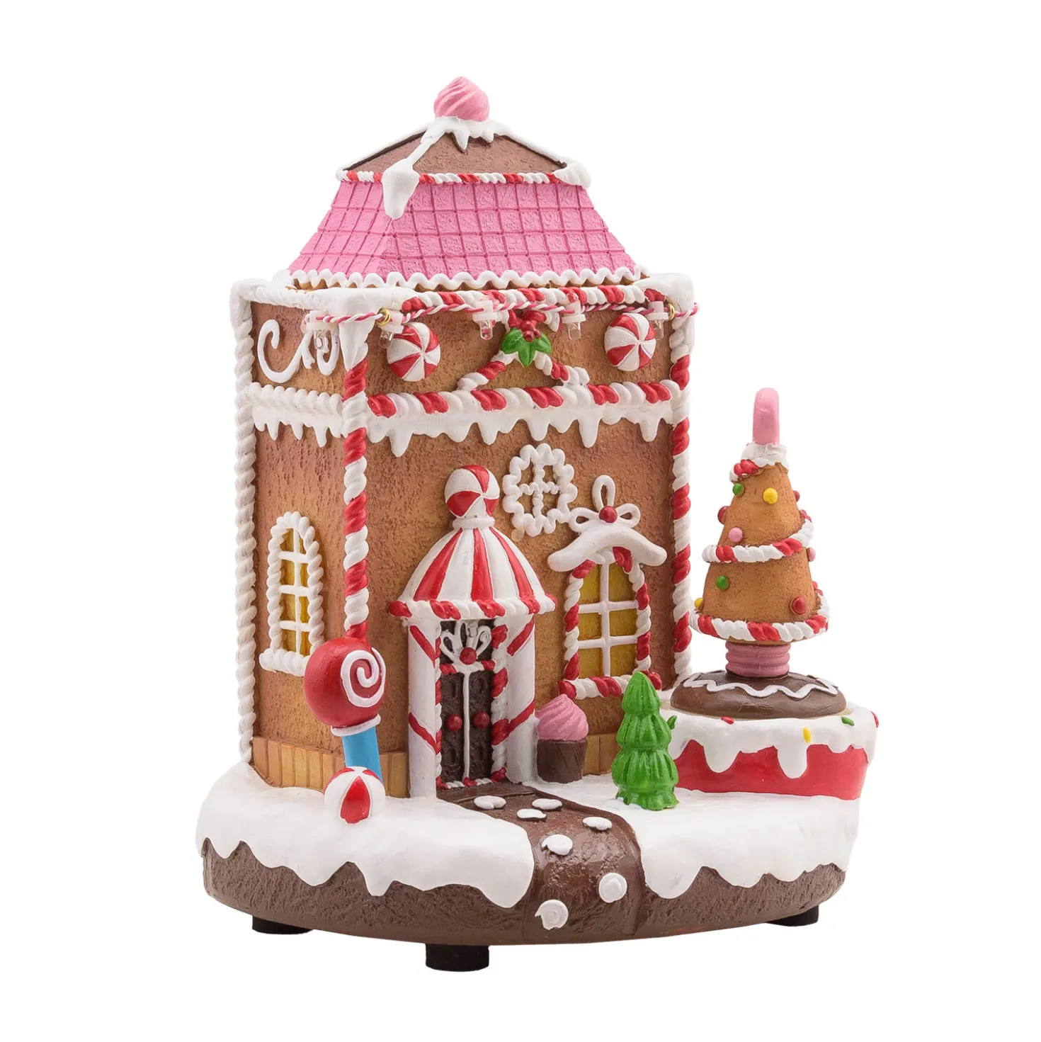 Villaggio di Natale in Poliresina, Casa di Marzapane con Albero rotante, 20 cm, musiche natalizie