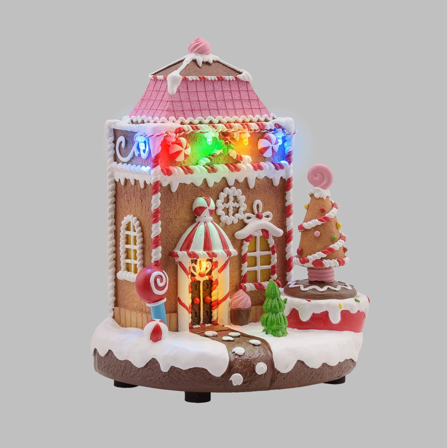 Villaggio di Natale in Poliresina, Casa di Marzapane con Albero rotante, 20 cm, musiche natalizie