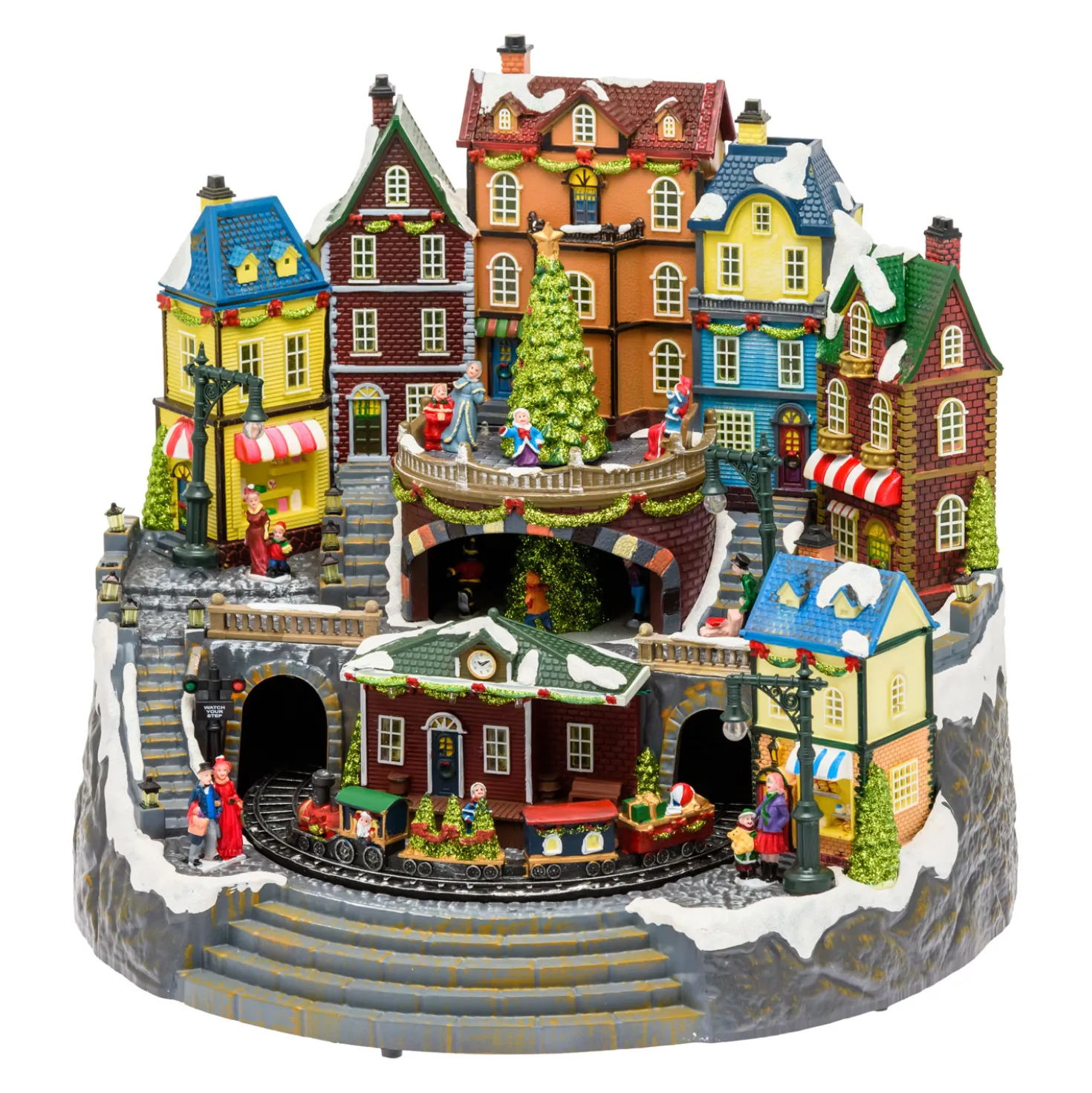 Villaggio di Natale, Stazione con Trenino in movimento e Albero di Natale rotante, h 38 cm, musiche natalizie
