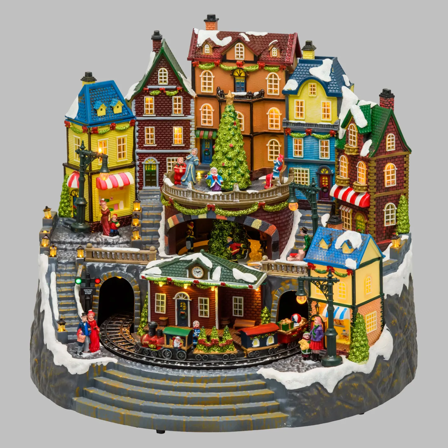 Villaggio di Natale, Stazione con Trenino in movimento e Albero di Natale rotante, h 38 cm, musiche natalizie