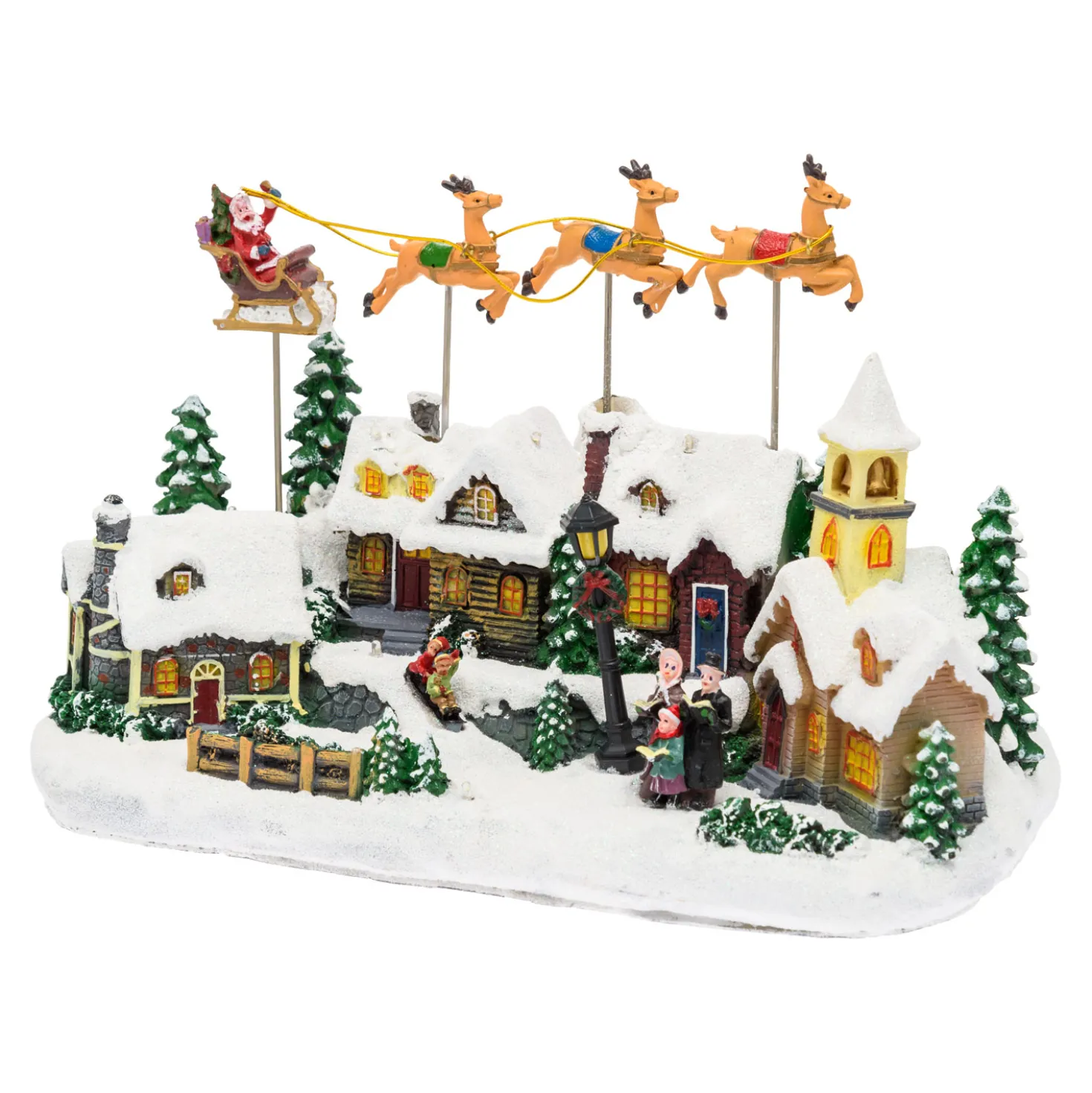 Villaggio Innevato con Chiesa e Babbo Natale su Slitta Volante con Renne in movimento, h 23 cm, musiche natalizie