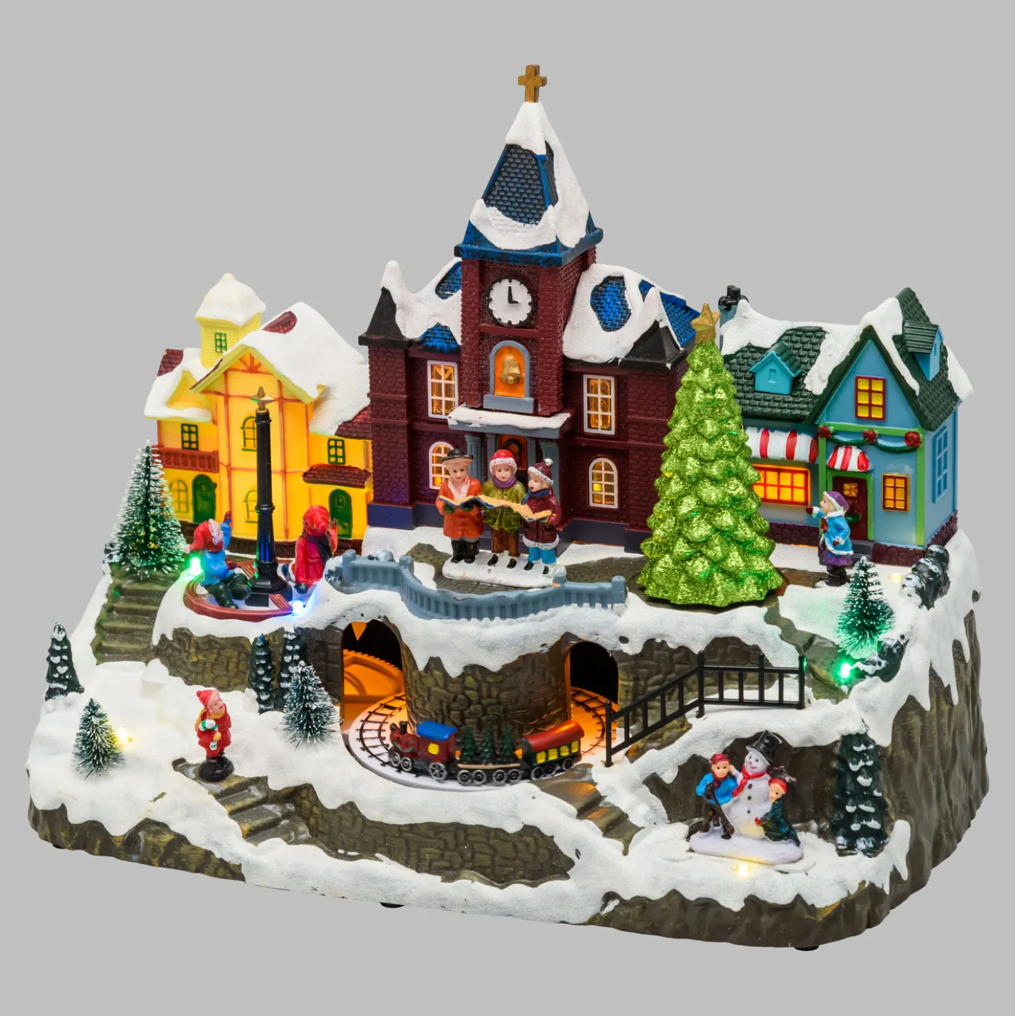 Villaggio Innevato con Chiesa e Trenino, Albero e Giostra per Bambini rotanti, h 27 cm, musiche natalizie