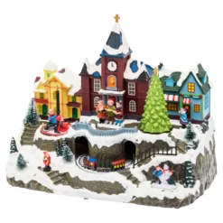 Villaggio Innevato con Chiesa e Trenino, Albero e Giostra per Bambini rotanti, h 27 cm, musiche natalizie
