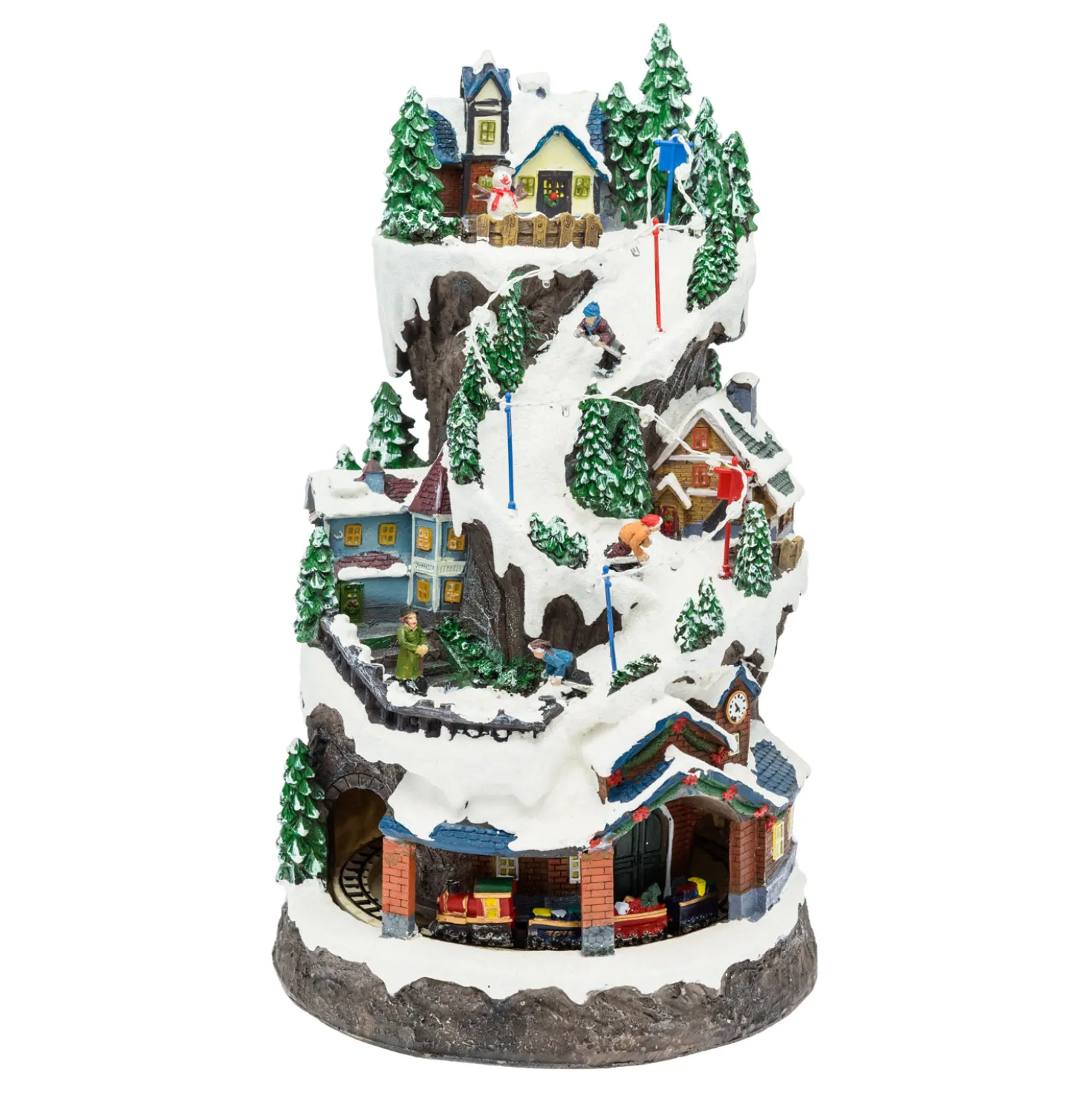 Villaggio Innevato con Sciatori, Trenino in Galleria in movimento in Polyresina, h 38 cm